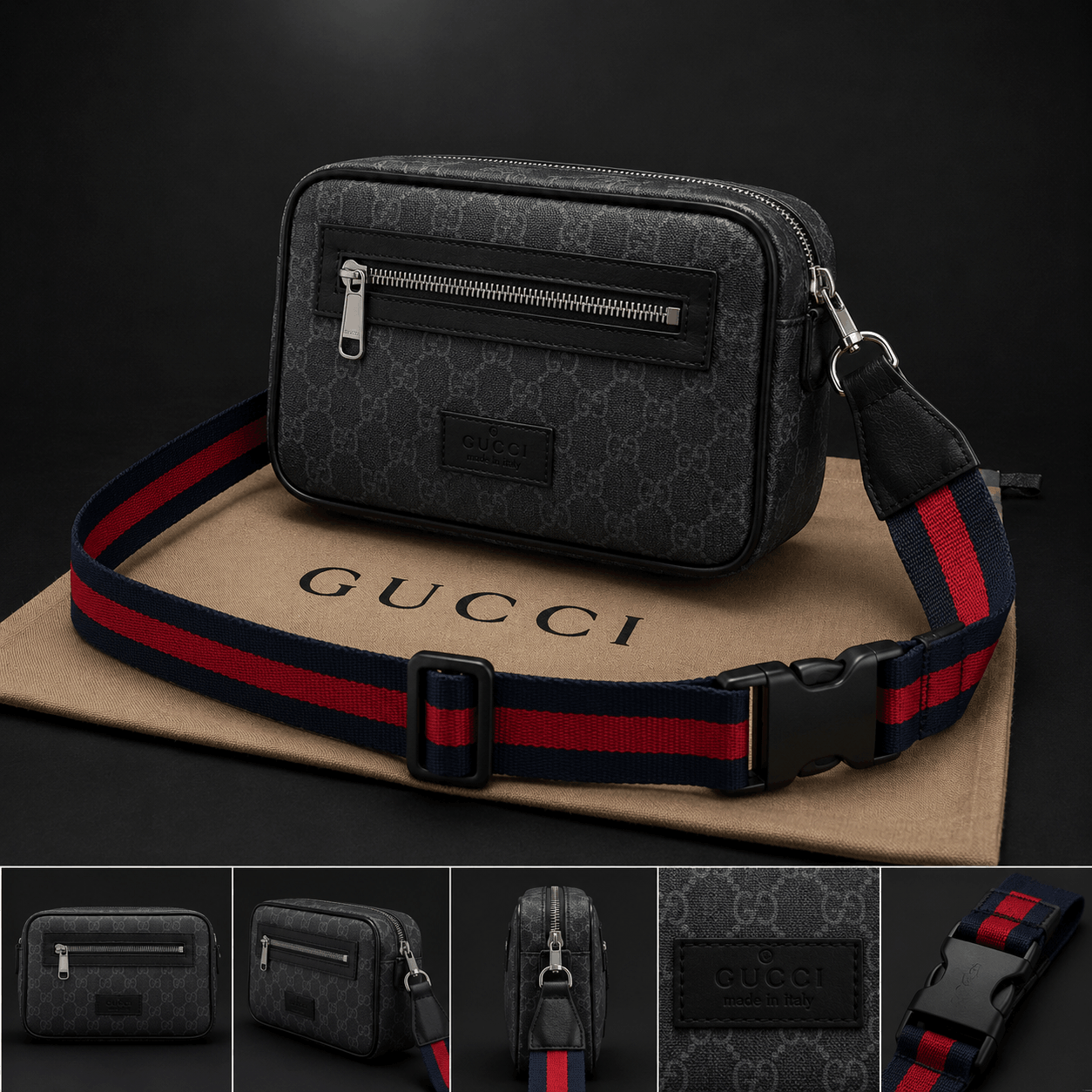 gucci-tsantaki-mesis-black-monogram-grey-prosfora Gucci - Τσαντάκι Μέσης - Grey/Black - Monogram - Image 1